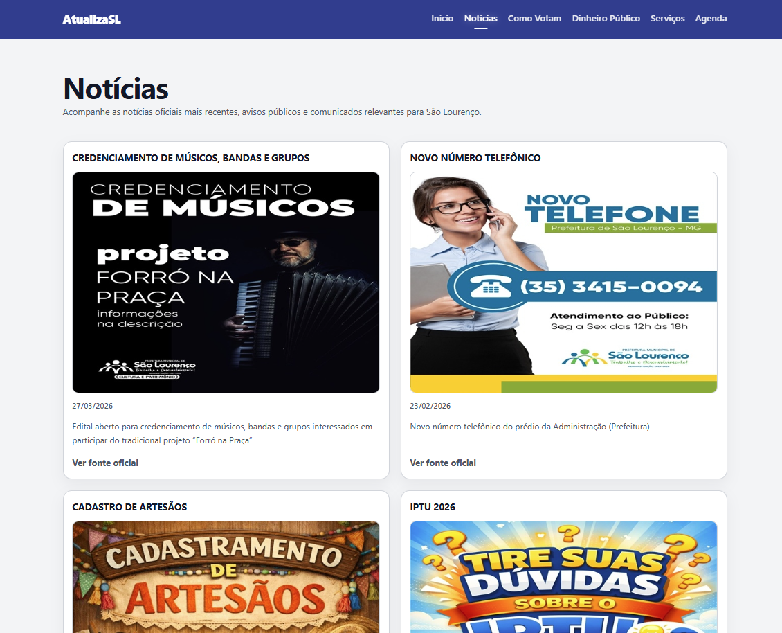 Tela de notícias do projeto AtualizaSL