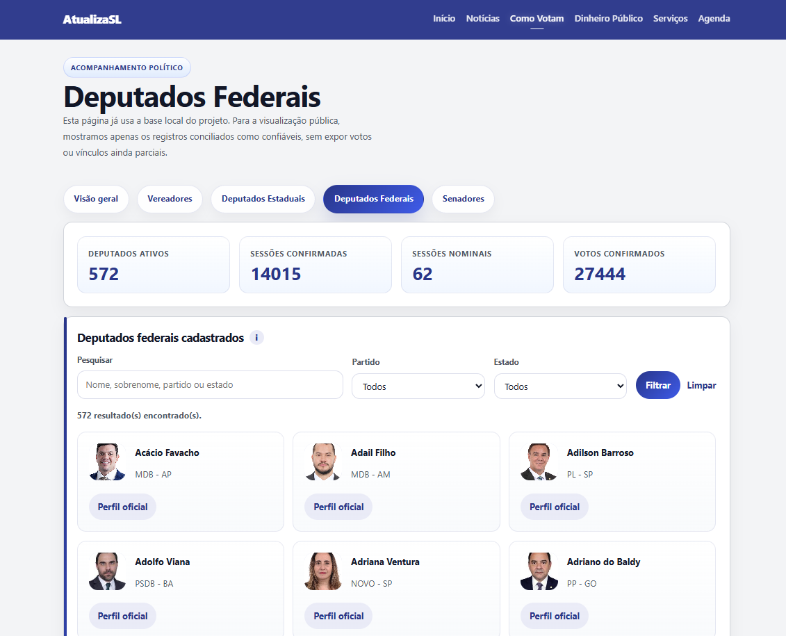 Tela de acompanhamento político do projeto AtualizaSL