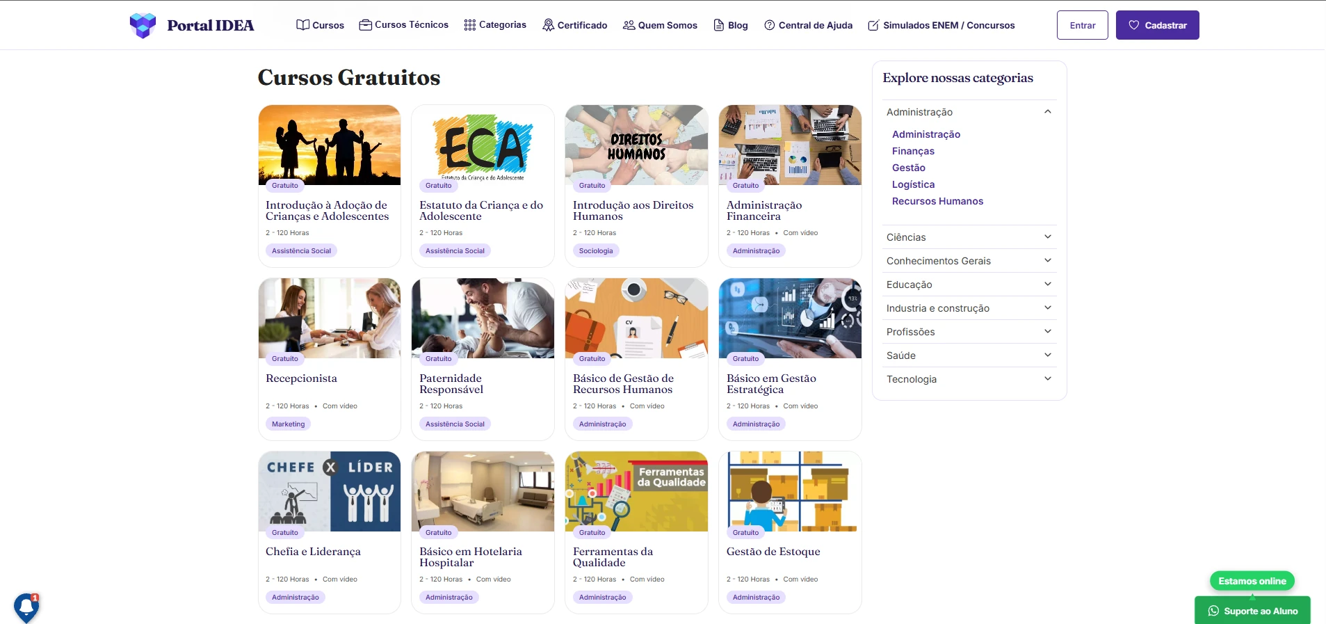Lista de cursos do Portal Idea