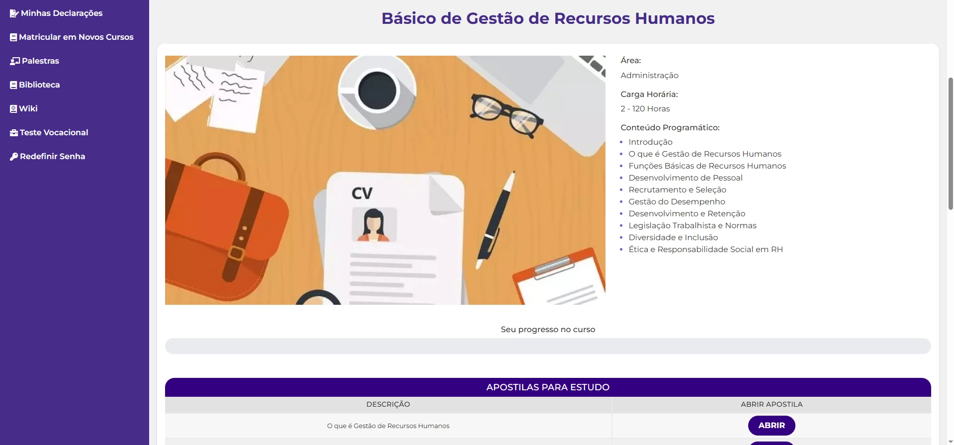 Página de um curso do Portal Idea